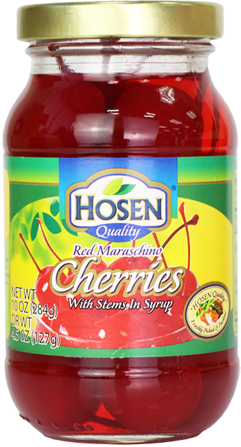 Hosen Maraschino Red Cherries with Stems in Syrup 284g