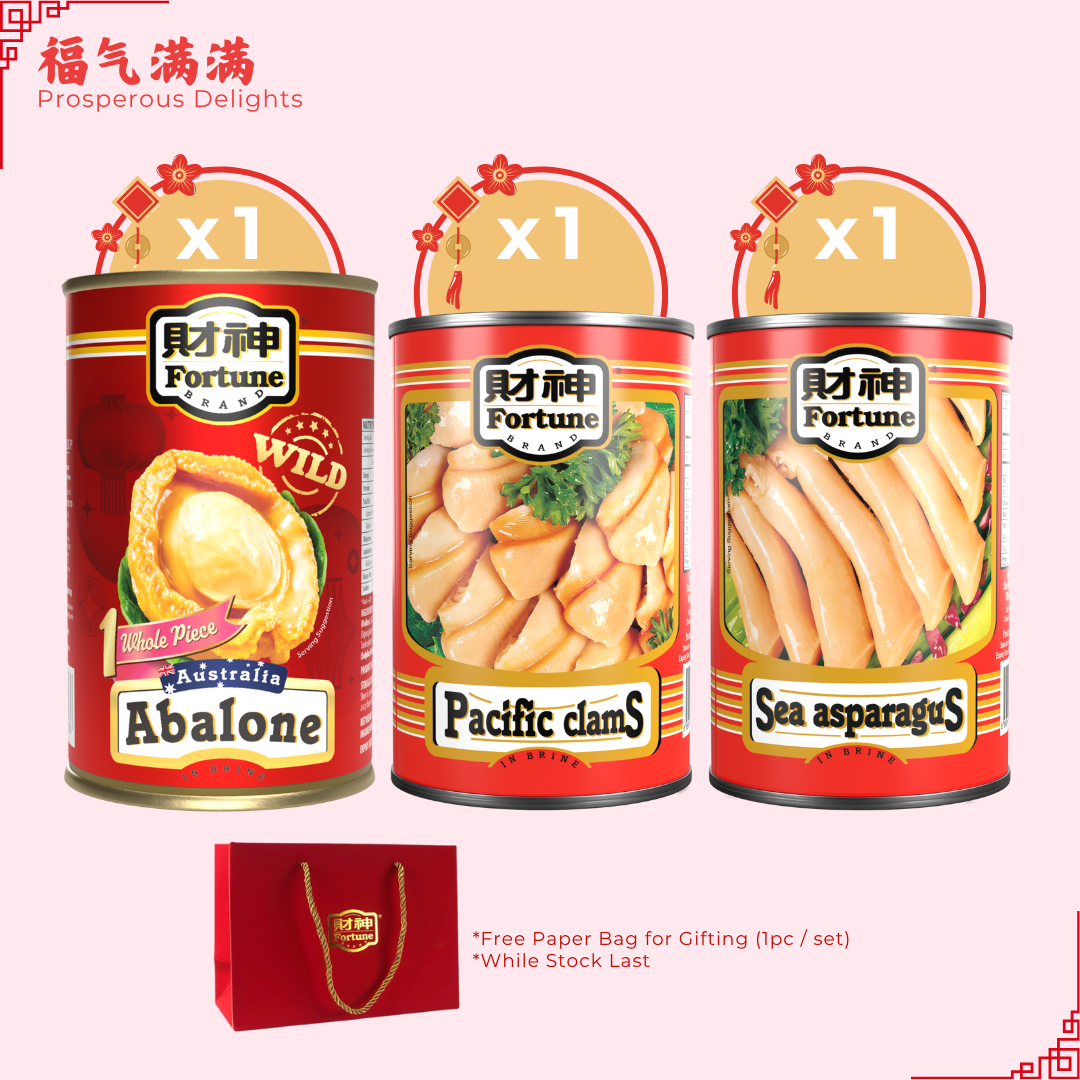 Prosperous Delights 福气满满 - Fortune Australia Abalone 425g (1P, DW: 100g) x 1 + Pacific Clams 425g x 1 + Sea Asparagus 425g x 1